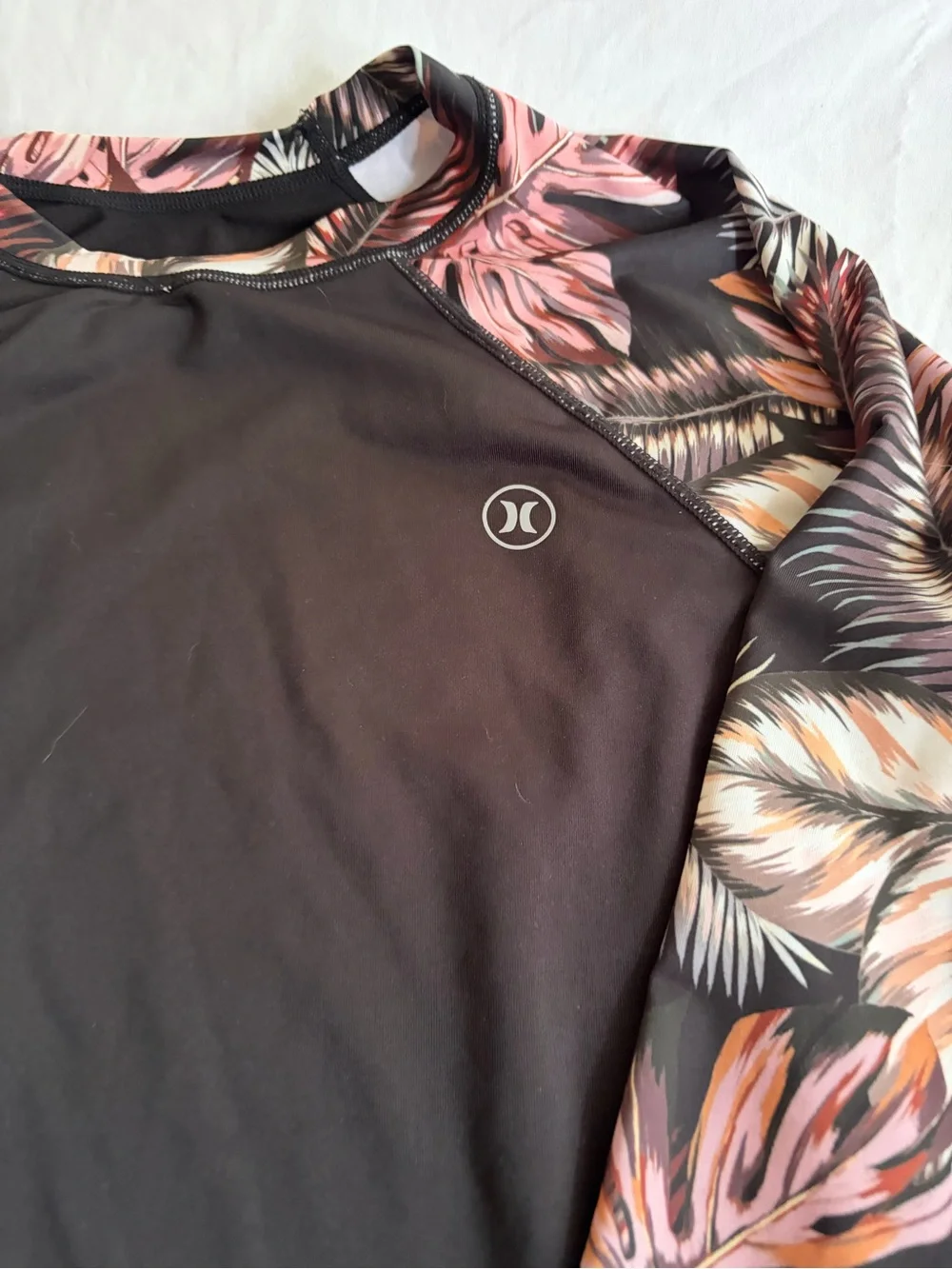 Hurley Womens Black Rash Guard with Pink Leaf-Print Sleeves